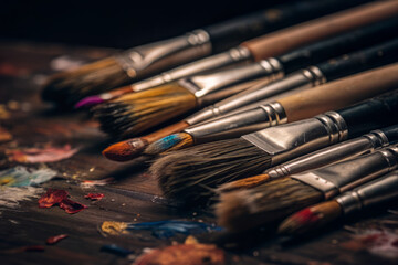 Obraz premium Set of Paintbrushes and Vibrant Paints in Artistic Studio Setting for Creative Inspiration