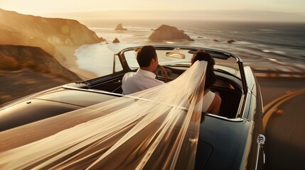 Couple's Romantic Wedding Drive at Sunset Along Scenic Coastal Road in Classic Convertible.