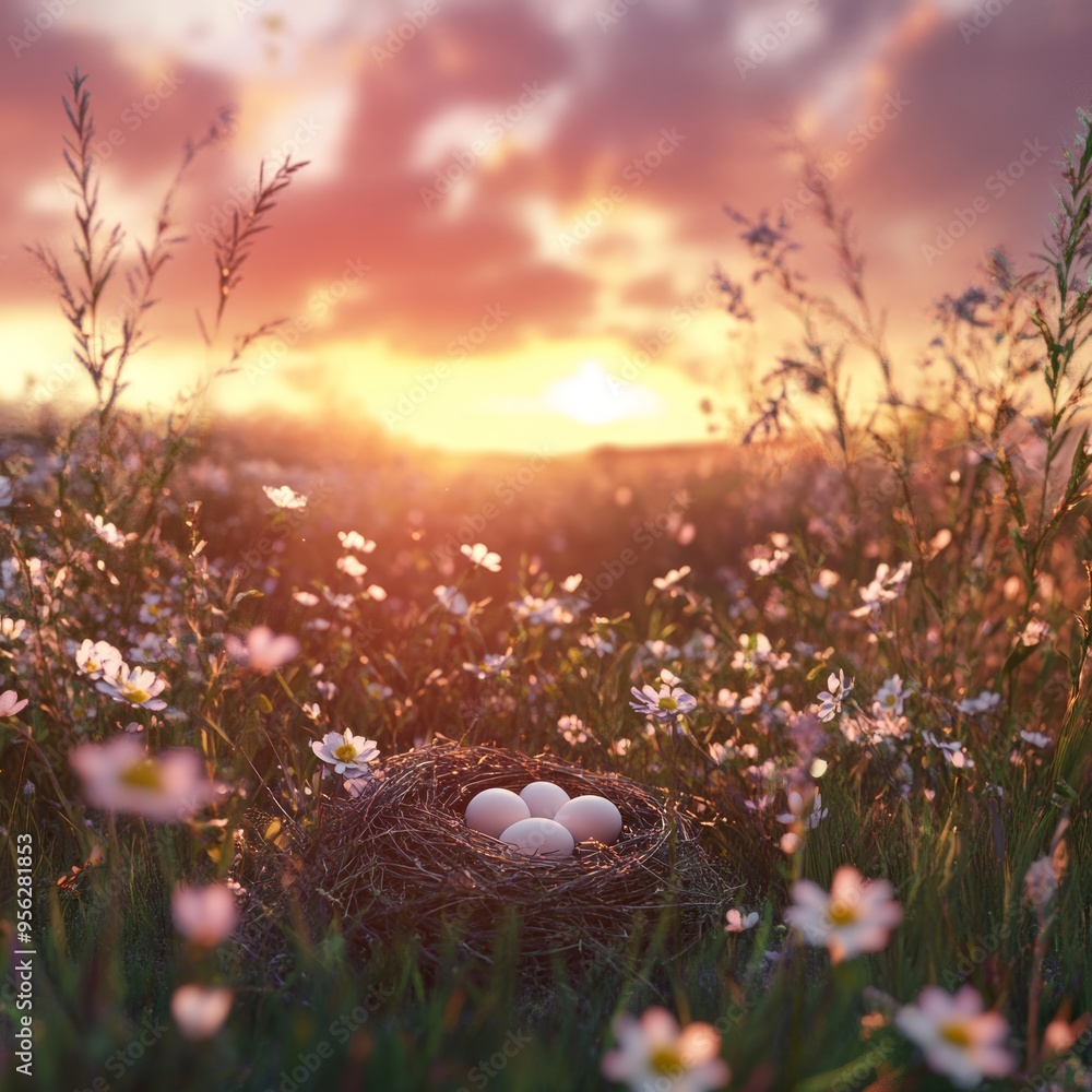 Sticker A nest with four white eggs sits in a field of wildflowers at sunset.