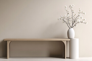 Minimalist interior featuring a wooden bench, elegant vase, and white flowers against a neutral wall, creating a serene atmosphere.
