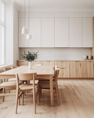 Modern dining room featuring natural wood furniture and minimalistic decor, perfect for contemporary living spaces.