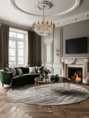 Fototapeta premium Luxurious Living Room with Fireplace and Green Sofa