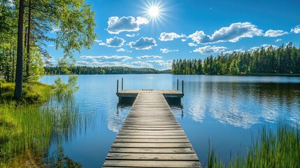 Obraz premium Traditional Finnish and Scandinavian view. Beautiful lake on a summer day and an old rustic wooden dock or pier in Finland. Sun shining on forest and woods in blue sky