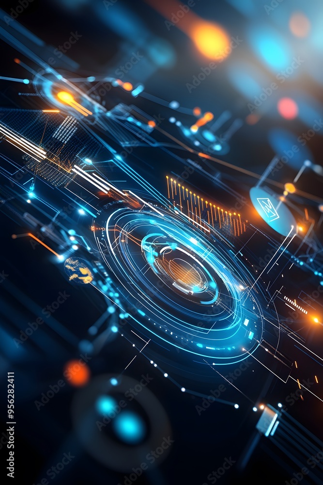 Poster abstract technology interface with glowing lines and circles.