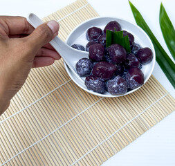 Biji Salak Kolak Candil Ubi Ungu, Purple Sweet Potato Ball with Sweet Coconut Milk Sauce for Ramadan Dessert