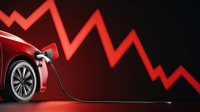 Electric car charging with a declining graph in the background, symbolizing decreasing demand.