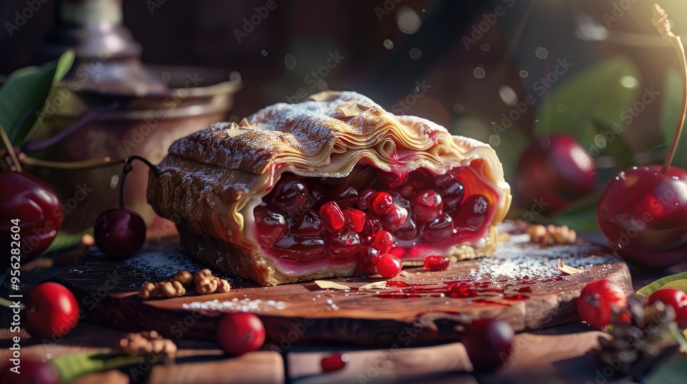 Poster strudel with a cherry cherry pie winter dessert strudel with cherry cranberries and walnut