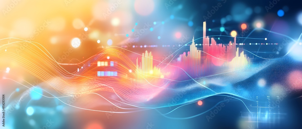 Poster abstract technology background with glowing lines and bokeh.