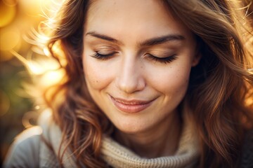 Fototapeta premium Close-up of a smiling young woman with closed eyes and soft curls in warm golden sunlight outdoors