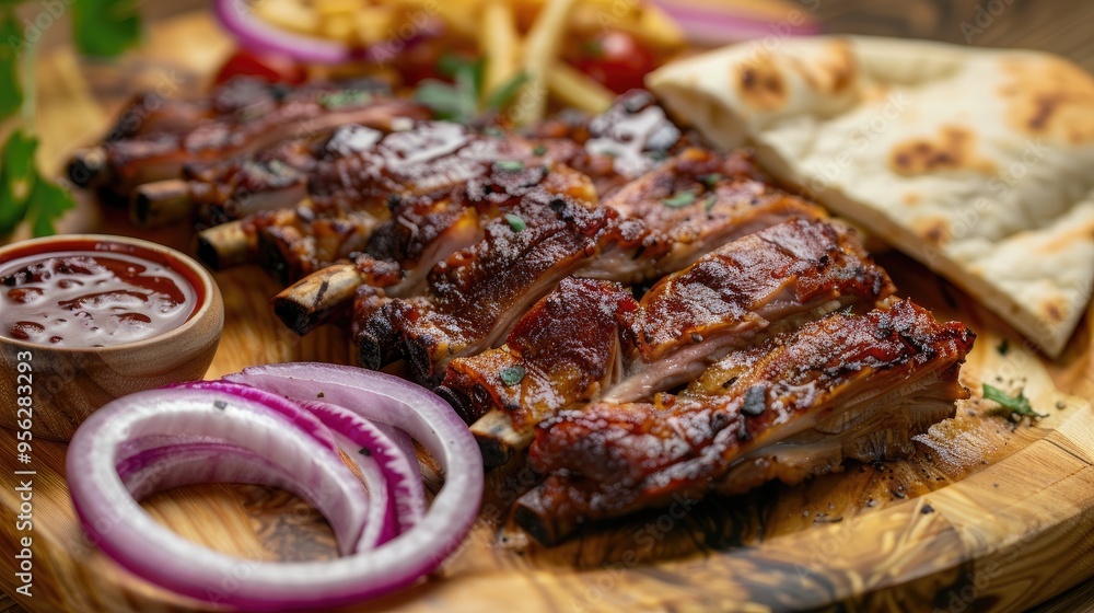 Poster Fried mutton ribs meat with red onion rings sauce and pita bread on the wooden board on the wooden table Close up perspective view shallow depth of field Meat sauce and onion in focus