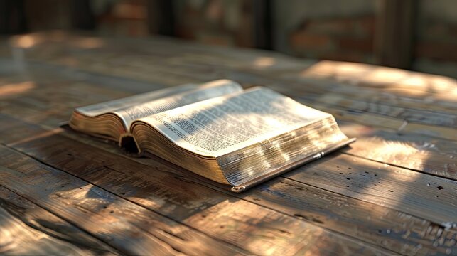 Bible open laying on a wood table