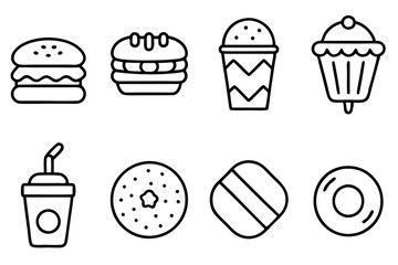 set of icons of food: Sandwich, Hot Dog, Muffin, Taco, Smoothie, Doughnut, Cupcake 