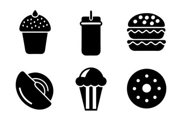 set of icons of food: Sandwich, Hot Dog, Muffin, Taco, Smoothie, Doughnut, Cupcake 