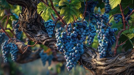 Fototapeta premium Cannonau grapes Majestic old vine stock with bunches of ripe grapes hanging from the branches between the leaves Traditional agriculture Sardinia
