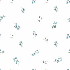 Beautiful watercolor seamless pattern with hand drawn eucalyptus branches, leaves. Stock illustration. Ready print design.