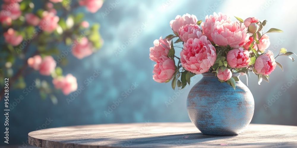Poster 3d rendering of a vase with a bouquet of peonies on a round wooden table featuring flower buds with 