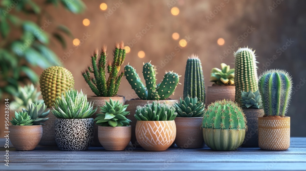 Poster 3d rendering of assorted cactus and succulent house plants in pots on a wooden table background