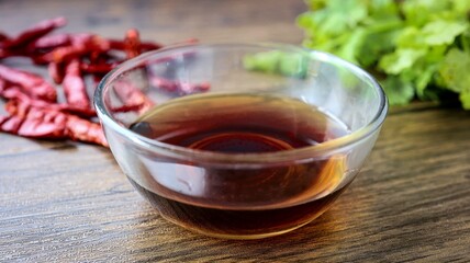 Fish sauce in a glass cup on wooden background