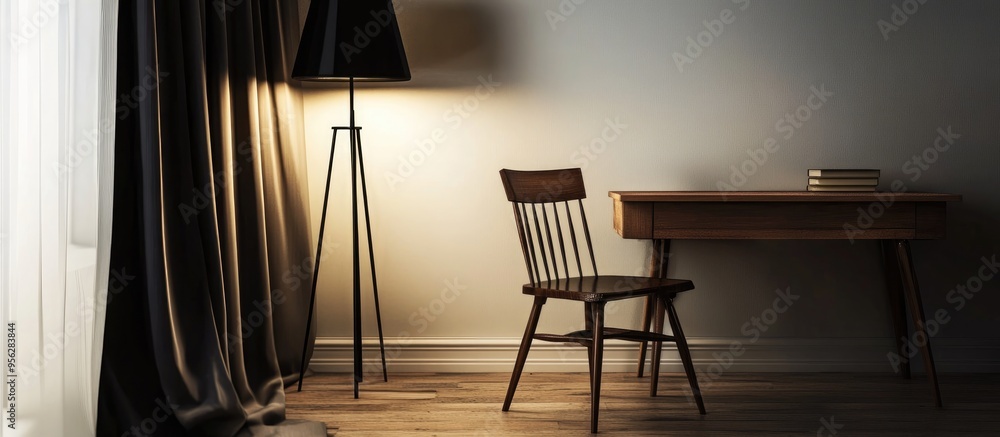 Poster 3d rendering of an empty wood table and chair in a room featuring a black lamp and curtain