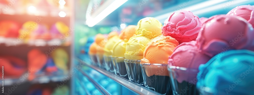 Poster 3d rendering of blurred ice cream in a refrigerator at a store