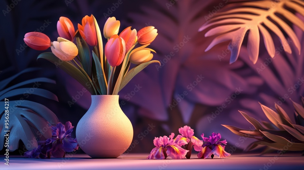 Poster 3d rendering of a captivating still life featuring tulips and irises with a light vase contrasting a