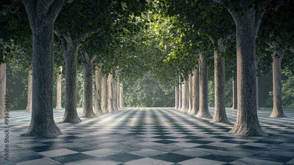 Poster 3d rendering of trees on a tiled floor
