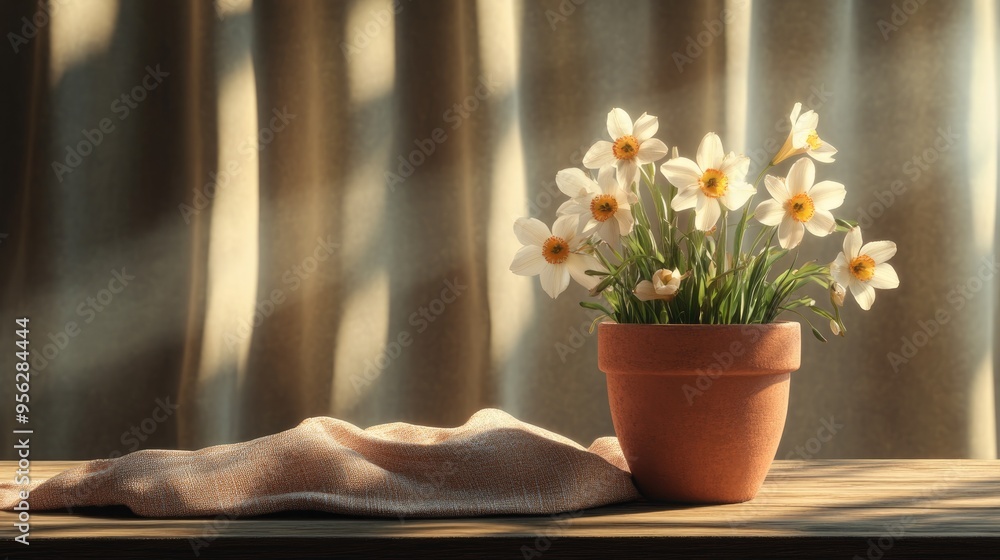 Poster 3d rendering of a composition featuring spring flowers in a pot placed on a wooden table adorned wit