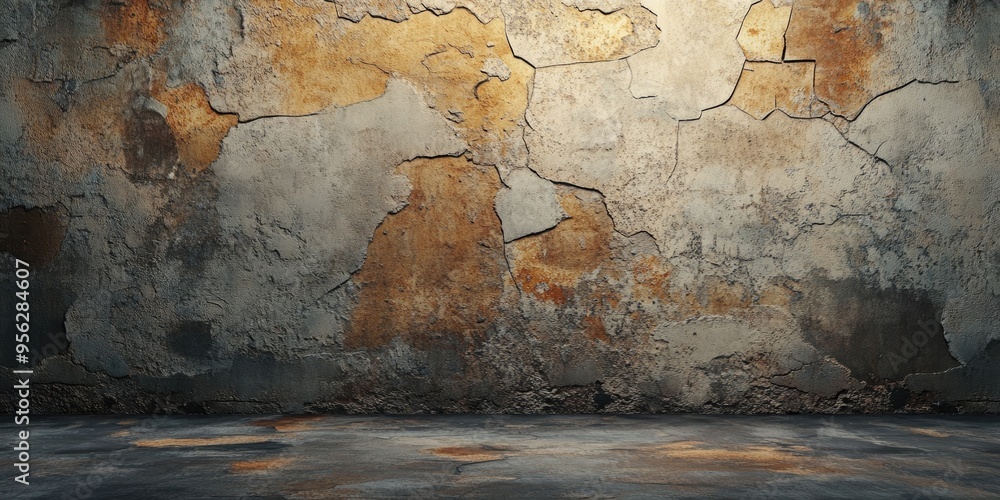 Poster 3d rendering of an abstract backdrop featuring a weathered wall with cracks spots and stains showcas