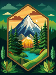 Framed Mountain Landscape with Forest, River, and Sunset Sky