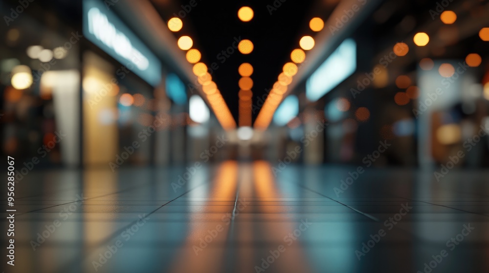 Poster 3d rendering of a dark blurred image showcasing a modern shopping mall corridor with a bokeh effect 