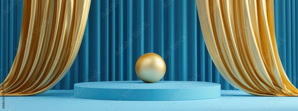 Poster empty podium with a ball and gold curtain in a blue composition for modern stage display abstract sh