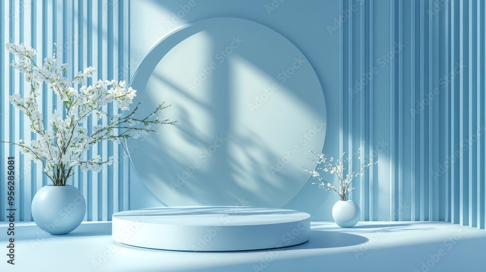 Poster 3d rendering of a blue abstract geometric background with a podium in a japanese style
