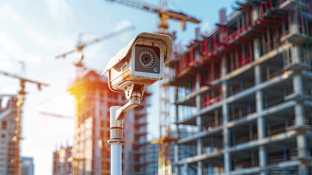 Surveillance camera at construction site CCTV technology Houses under construction with tower cranes Camera for monitoring construction process CCTV system Camera near blurred erection building