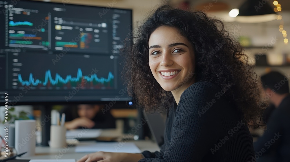 Poster smiling woman working at computer with data analytics chart on screen