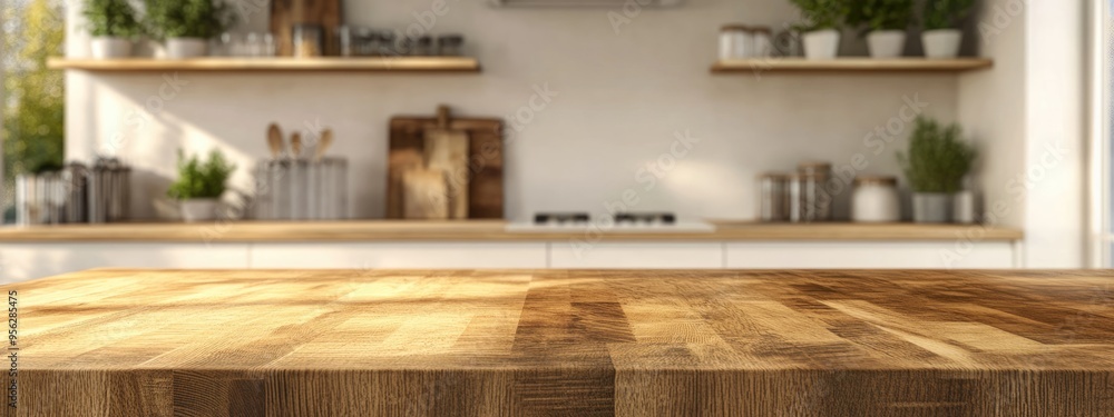 Poster 3d rendering of a wood countertop with a blurred kitchen background for product display or key visua