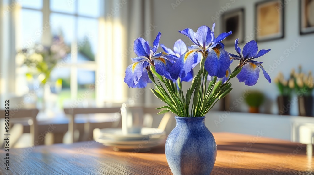 Poster 3d rendering of a vase containing beautiful irises on a dining table in an interior setting