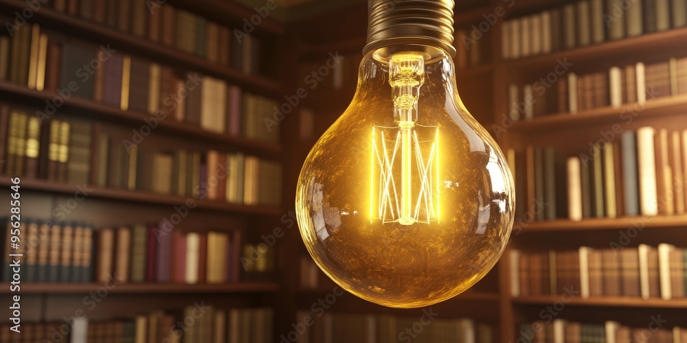 Poster 3d rendering of a vintage edison style yellow bulb with a retro design glowing and hanging from the 