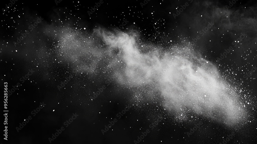 Poster freeze motion of white particles on a black background depicted in a 3d cartoon rendering abstract d