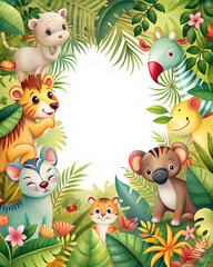 Naklejka premium a playful jungle themed border with cute animals frame transparent background