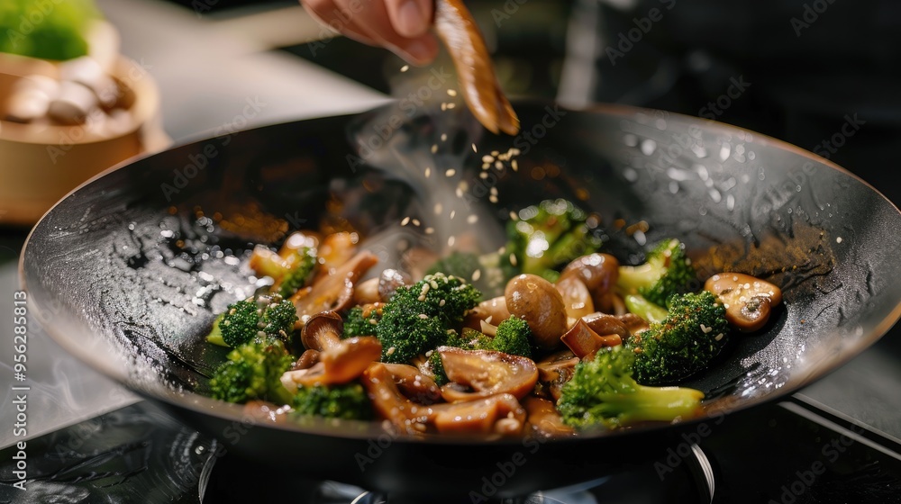 Aufkleber stir fried king king king mushroom and broccoli with butter and soy sauce