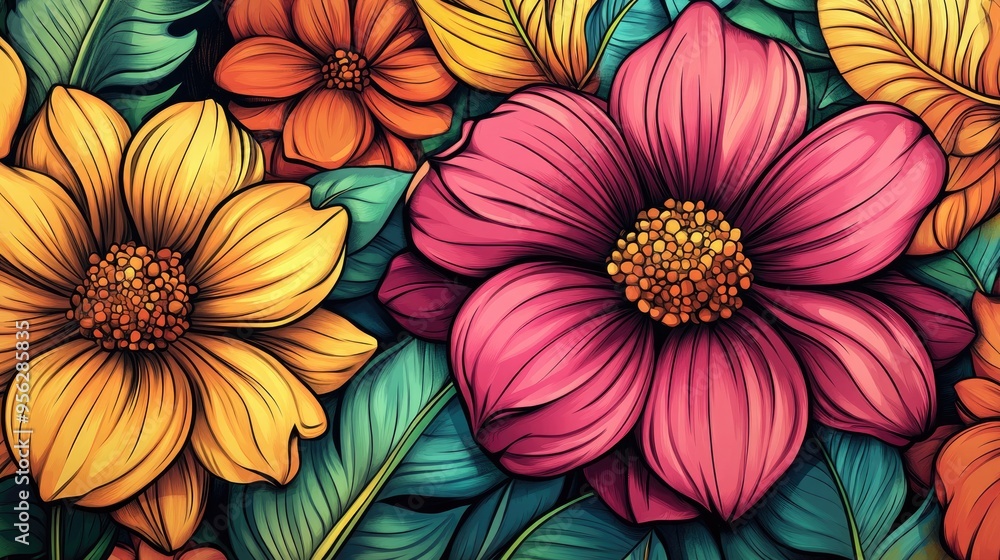Aufkleber colorful flower illustration in 3d cartoon rendering with hand painted and drawn details featuring d