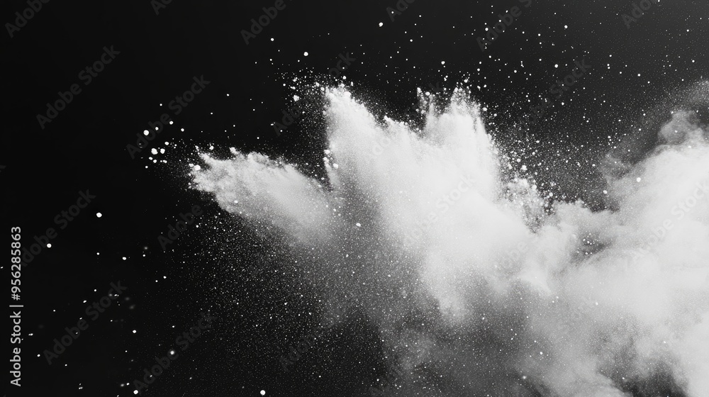 Fototapete Freeze motion of white particles on a black background depicted in a 3D cartoon rendering Abstract dust overlay texture from a powder explosion