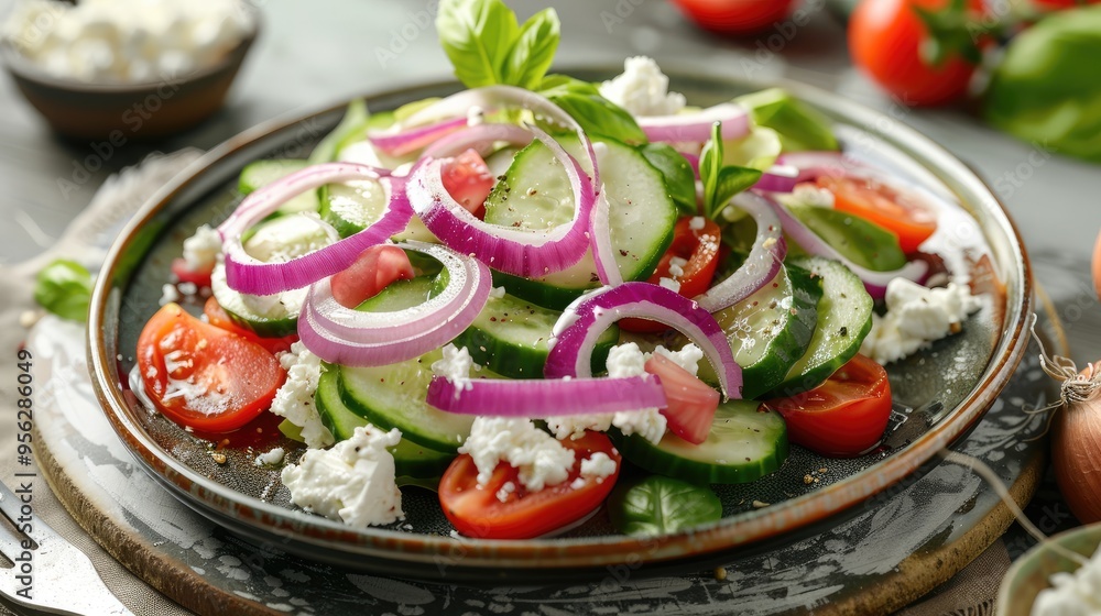 Aufkleber diet salad of cucumbers red onions and ricotta on a plate on the table top and vertical view