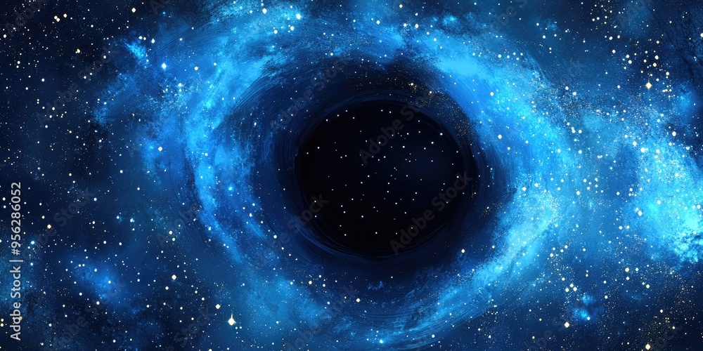 Aufkleber cartoon rendering in 3d of a black hole surrounded by shiny stars in a cold deep space with a blue n