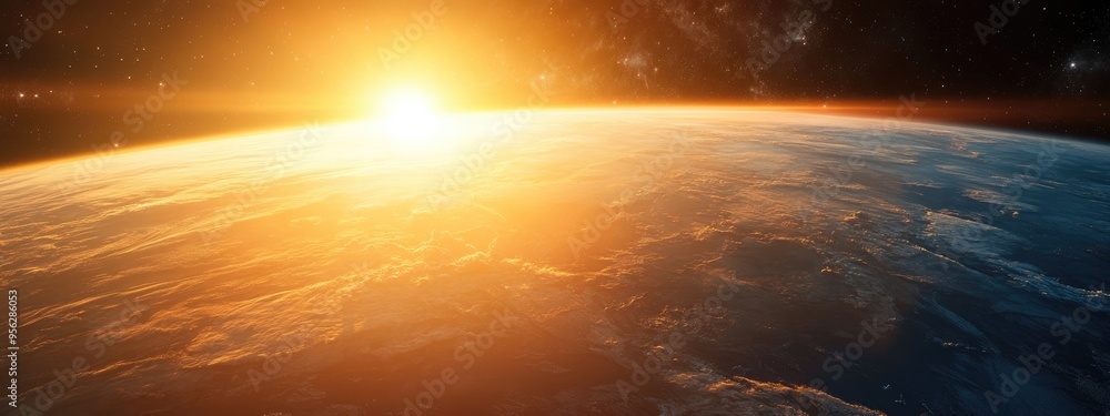Poster Beautiful sunrise from space in a 3D cartoon rendering showcasing the view from a spacecraft