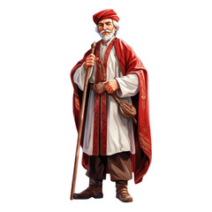 An illustration of an elderly male teacher holding a staff