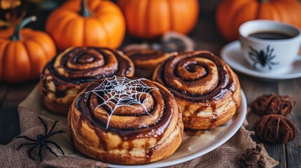 Fototapeta premium Freshly Baked Halloween Cinnamon Rolls with Spider Web Ornament, Coffee Cup, and Orange Pumpkins in Background, 3D Illustration. AI generated illustration.