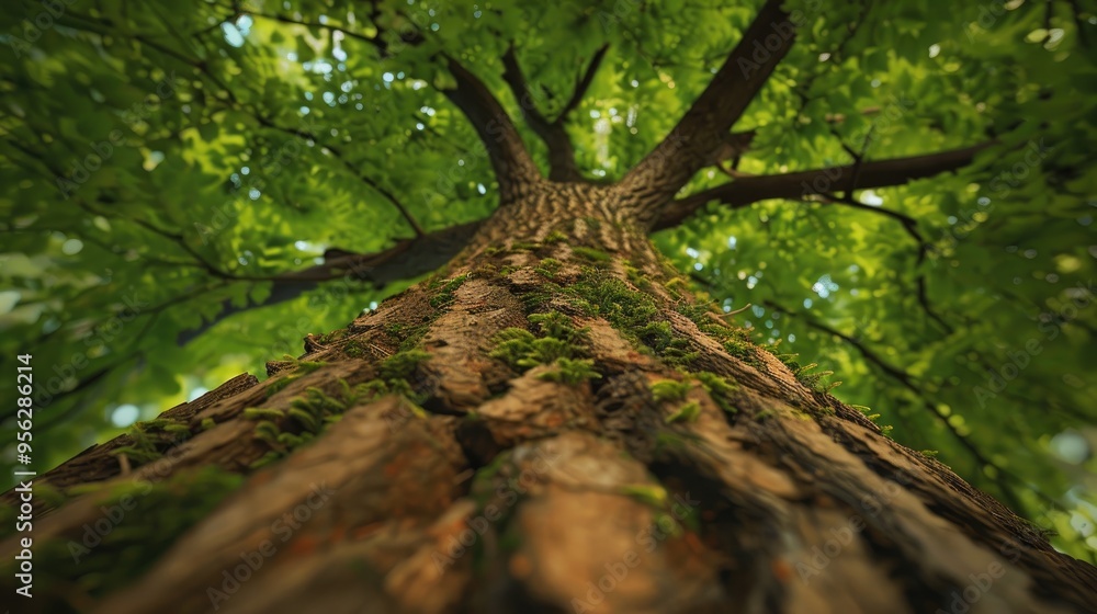 Poster this photo captures an upward view of a tree trunk with textured bark leading to a canopy of leaves 