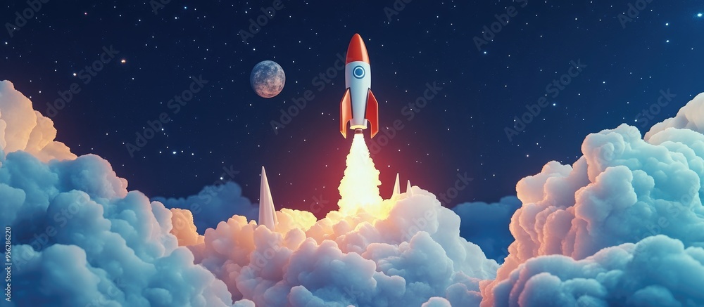 Aufkleber Futuristic conceptual photo depicting a 3D cartoon rendering of a rocket take off from a digital tablet into space symbolizing a mission to the moon and success for startups