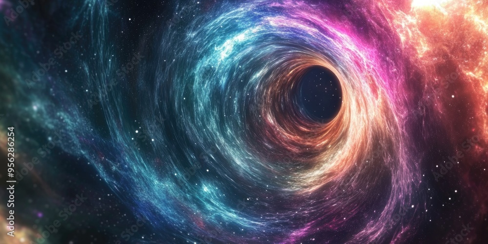 Poster Cartoon stylized 3D rendering of a cosmic wormhole illustrating a space travel concept with a funnel shaped tunnel connecting different universes